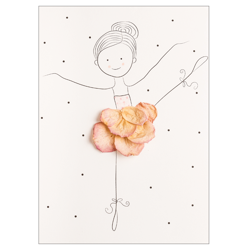 Illustration of a ballerina wearing a  pink flower skirt against a white background with black dots.