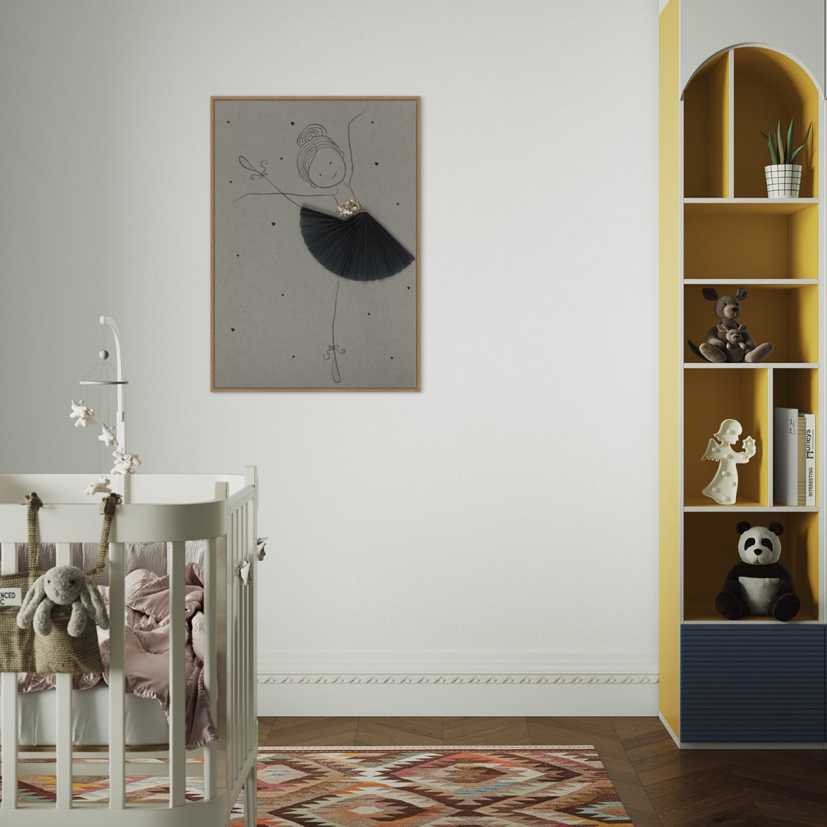 Nursery room with a crib, bookshelf, and wall art.