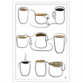 Illustrations of various coffee cups and a teapot on a white background