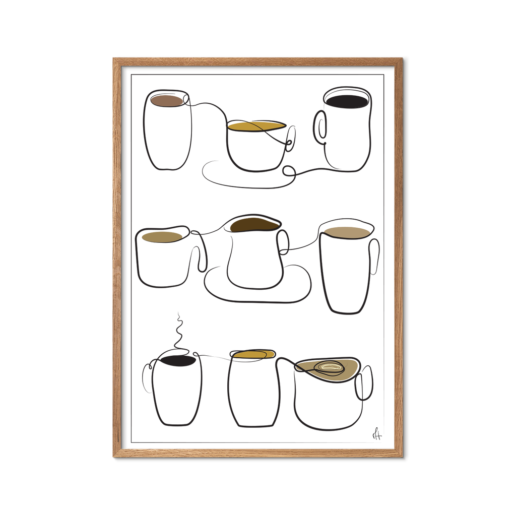 Framed artwork of line-drawn coffee cups on a white background