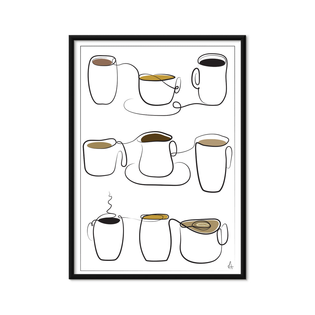 Framed artwork of various coffee cup illustrations on a white background