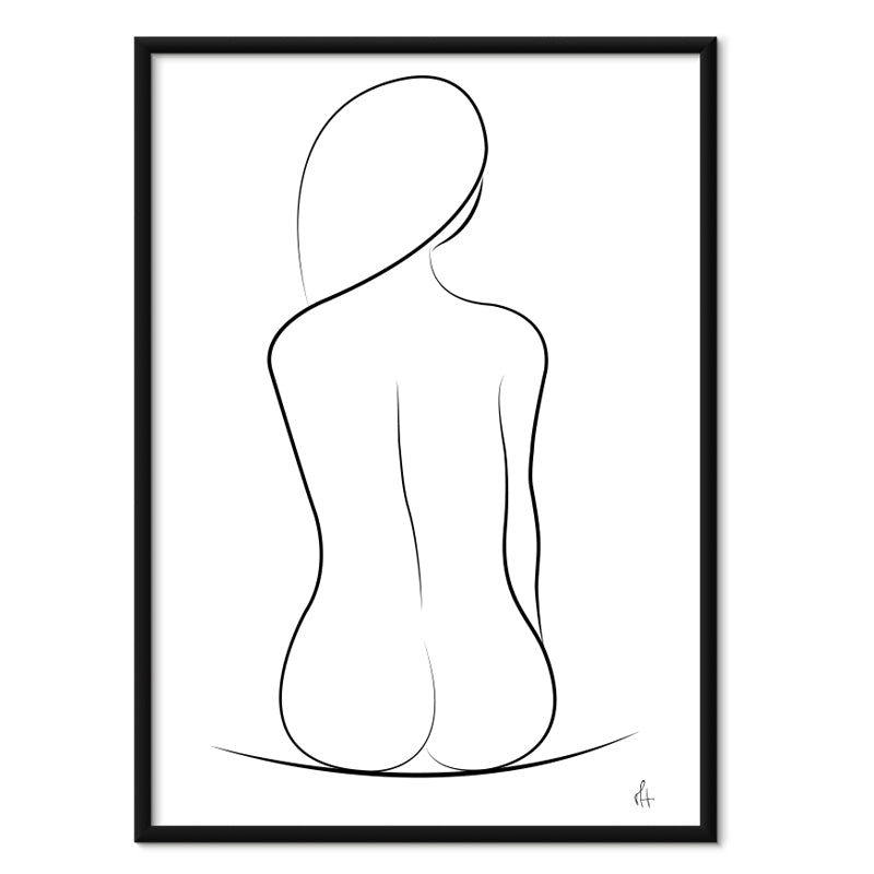 Minimalist line art of a nude figure in a black frame on a white background