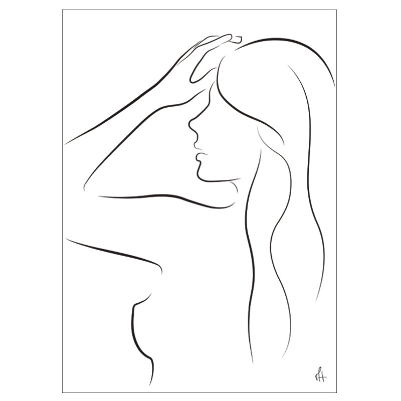 Line drawing of a woman with long hair on a white background