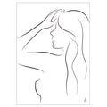 Line drawing of a woman with long hair on a white background