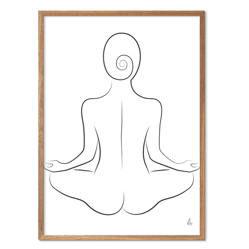 Framed line art of a meditating figure with a spiral hairdo on a white background